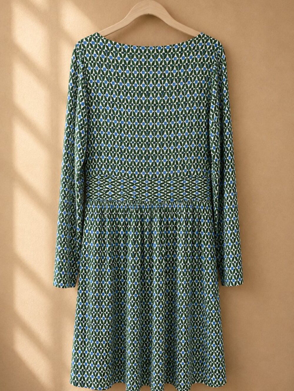 Boden Amelie Long Sleeve Jersey Dress 10R Green Pine Diamond Trellis Pockets - Picture 5 of 6